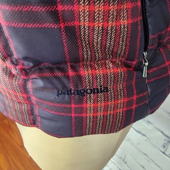 Patagonia Down With It Vest Women S Plaid Sherpa Lined Hooded Goose Down Warm - Picture 6 of 8